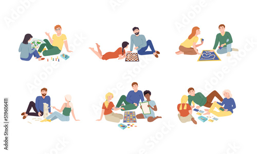 People sitting on floor playing board games set. Families having good time together vector illustration