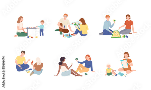 People having good time playing board games set vector illustration