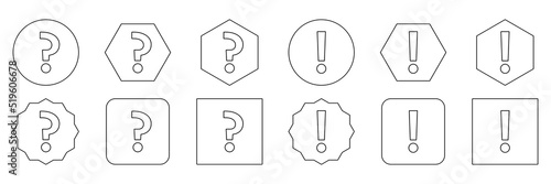 Question mark Icon Set, FAQ sign, Help symbol. Exclamation mark Icon Set, Attention sign, Caution icon, Hazard warning symbol. Black outline design.