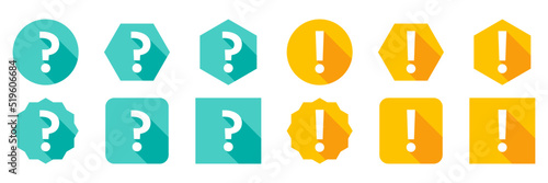 Question mark Icon Set, FAQ sign, Help symbol. Exclamation mark Icon Set, Attention sign, Caution icon, Hazard warning symbol. Light blue and Yellow style.