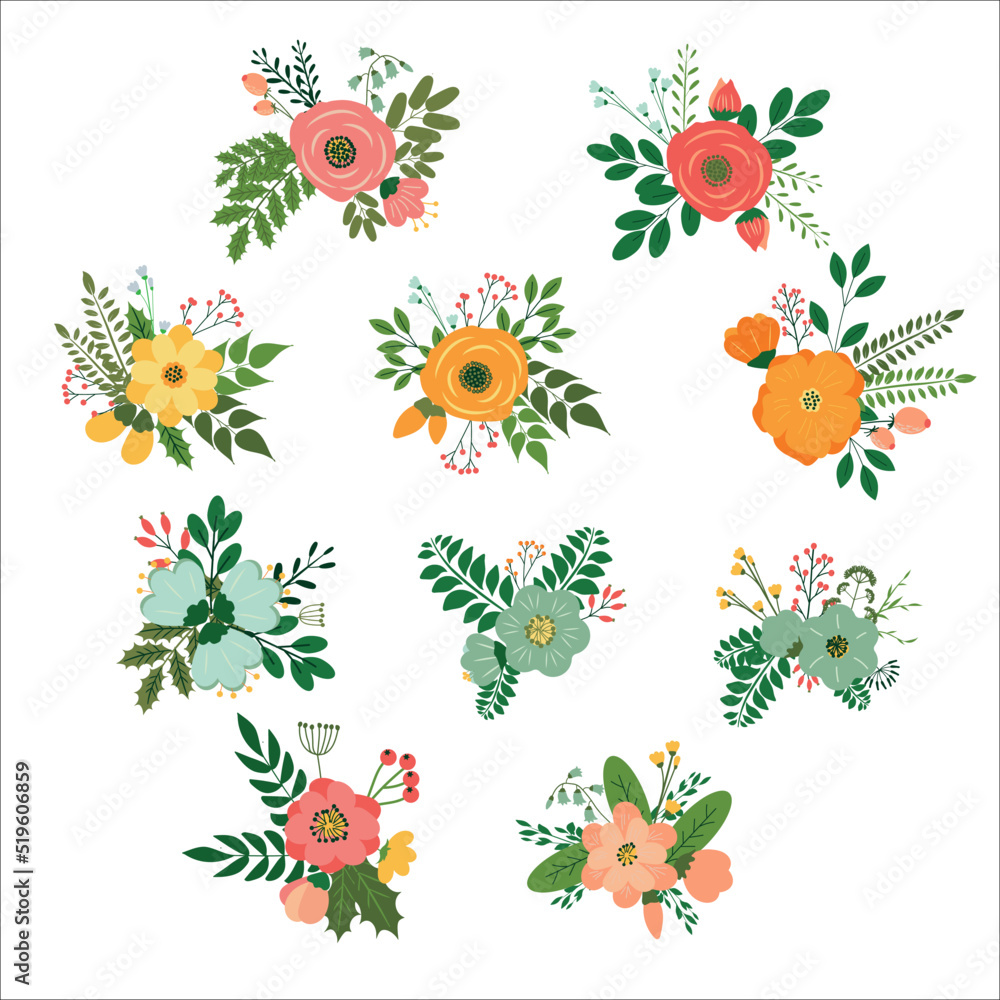 Set of flower buquet vector in isolated. Bouquet with hearts around. Set of flower buquet vector in isolated. Bouquet with hearts around.