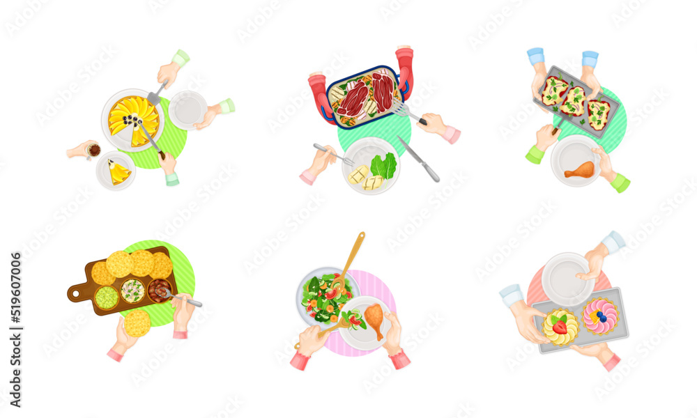 Top view of human hands serving tasty breakfast dishes set cartoon vector illustration Top view of human hands serving tasty breakfast dishes set cartoon vector illustration