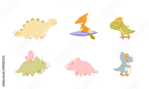 Funny dinosaurs outdoor activities set. Cute dino characters canoeing, riding kick scooter, skateboarding, walking and having fun cartoon vector illustration
