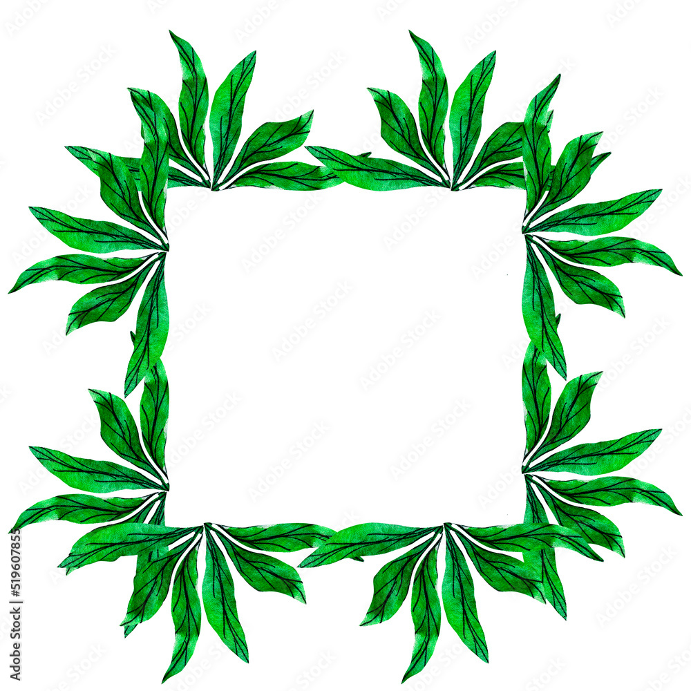 Fototapeta premium Watercolor green leaves frame border with place for your text