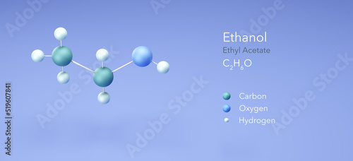 ethanol, ethyl acetate, alcohol. Molecular structure 3d rendering, Structural Chemical Formula and Atoms with Color Coding, 3d rendering photo