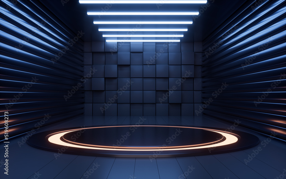 Obraz premium Empty stage and neon lines in the dark room, 3d rendering.