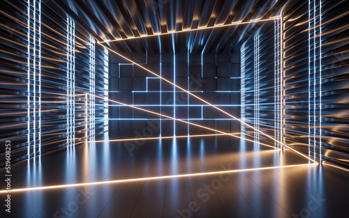 Glowing neon lines and randomly arranged cubes in the dark room, 3d rendering.