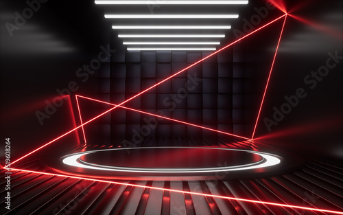 Empty stage and neon lines in the dark room, 3d rendering.