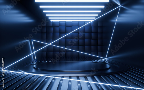Empty stage and neon lines in the dark room, 3d rendering.