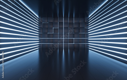 Fototapeta Naklejka Na Ścianę i Meble -  Glowing neon lines and randomly arranged cubes in the dark room, 3d rendering.