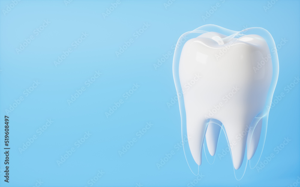 Glowing protective cover out of the tooth in the blue background, 3d rendering. Glowing protective cover out of the tooth in the blue background, 3d rendering.