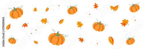autumn leaves background with leaves and pumpkins.