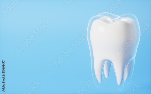 Glowing protective cover out of the tooth in the blue background  3d rendering.