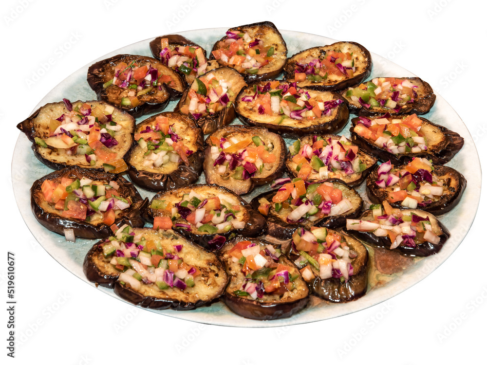 Delicious sliced aubergines and grilled with seasonings on white isolated background