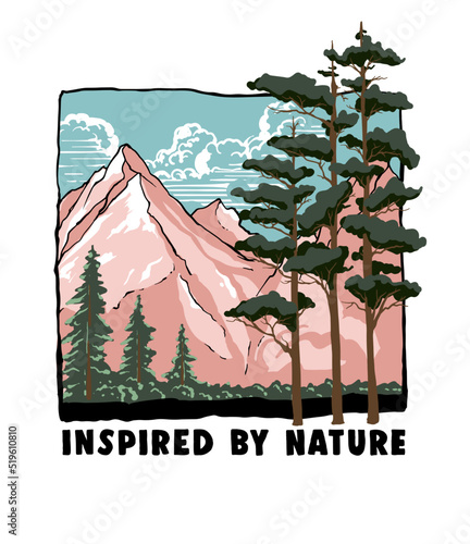forest and mountains landscape illustration with slogan