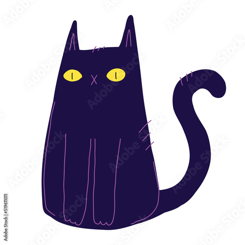 Black cat. Halloween cat character. Cartoon trendy kitten. Stock vector illustration isolated on white background.