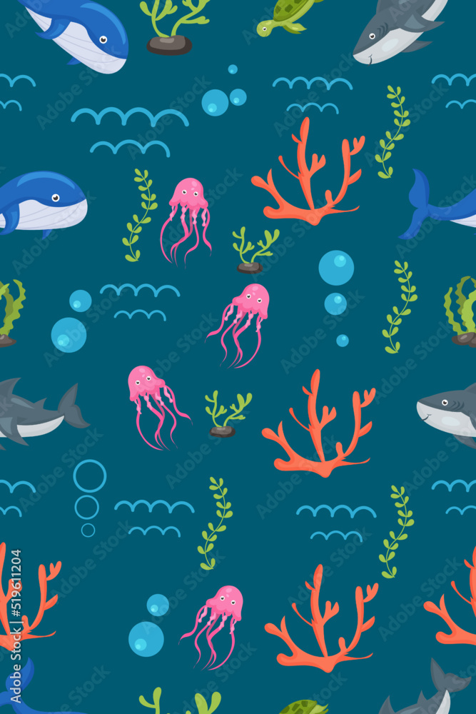 Cute dolphin pattern. Funny whale cartoon, seaweed print. Sea wildlife, underwater world vector seamless texture Cute dolphin pattern. Funny whale cartoon, seaweed print. Sea wildlife, underwater world vector seamless texture