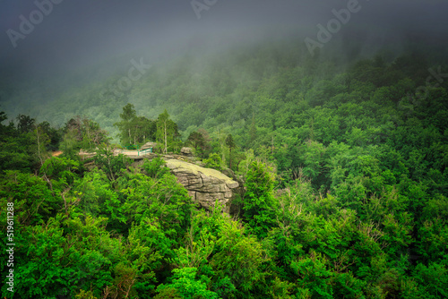 Obraz na plátně A foggy landscape of the trail from hellish Valley to Chojnik Castle in the Karkonosze Mountains