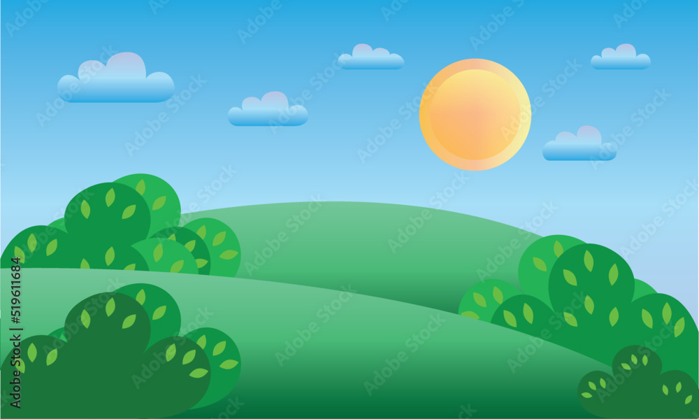 Cartoon landscape sunset, green field, landscape view, game background, summer or spring meadow or pasture with plants. Vector illustration. 
