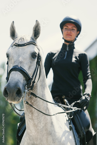 Portrait of young horsewoman riding white breed horse in summer day, outdoors. Dressage of horses. Horseback riding © master1305