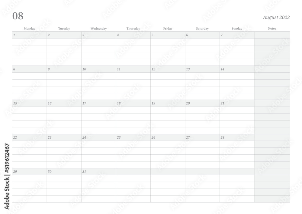 August 2022 simple design digital and printable calendar template illustration. Notes, scheduler, diary, calendar, memo, planner document template background. 