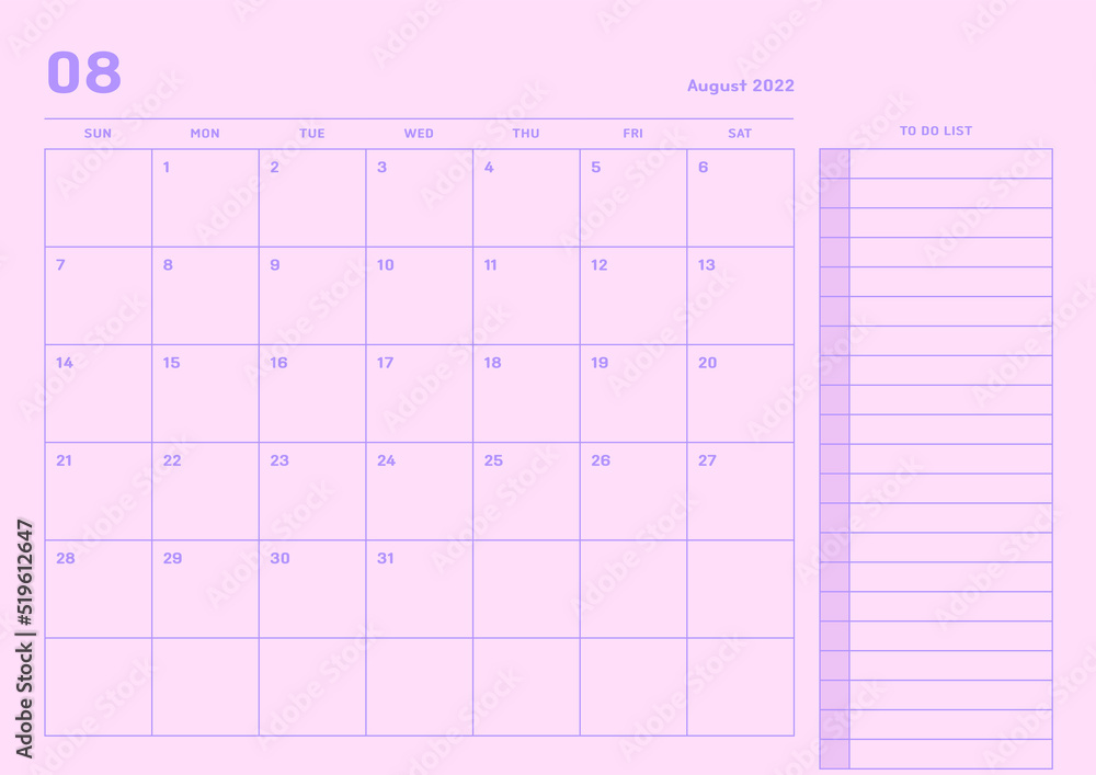 August 2022 simple design digital and printable calendar template  illustration. Notes, scheduler, diary, calendar, memo, planner document  template background. Stock Illustration | Adobe Stock