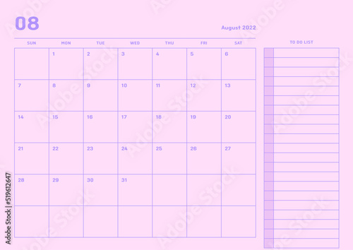 August 2022 simple design digital and printable calendar template illustration. Notes, scheduler, diary, calendar, memo, planner document template background. 