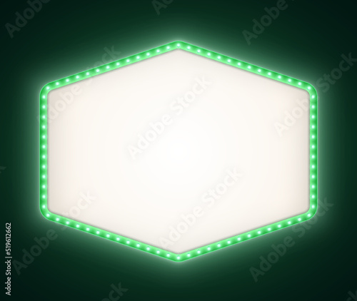 Green retro lightbox with white light bulbs, vintage theater signboard mockup isolated on a dark background. Bright hexagonal commercial announcement banner. Marquee billboard with lamps.