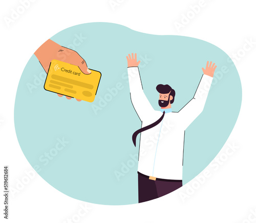 Hand giving credit card to happy man flat vector illustration. Person getting approved for loan. Financial service, banking, money concept for banner, website design or landing web page