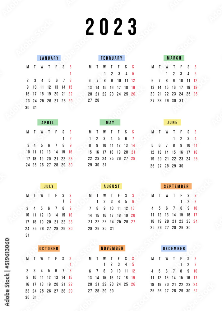 English vertical calendar 2023 year. Vector stationery calendar week starts Monday. Yearly organizer. Simple calendar template in minimal design. Business illustration. English vertical calendar 2023 year. Vector stationery calendar week starts Monday. Yearly organizer. Simple calendar template in minimal design. Business illustration.