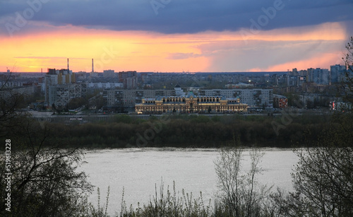 Nizhny Novgorod fair illuminated by evening lights in Nizhny Novgorod