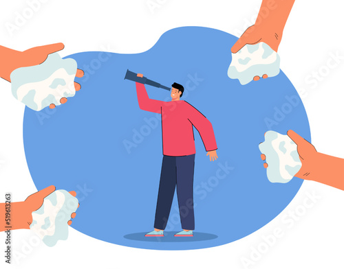 Man looking out spyglass flat vector illustration. Person surrounded by hands with crumpled paper, looking for ideas. Help concept for banner, website design or landing web page