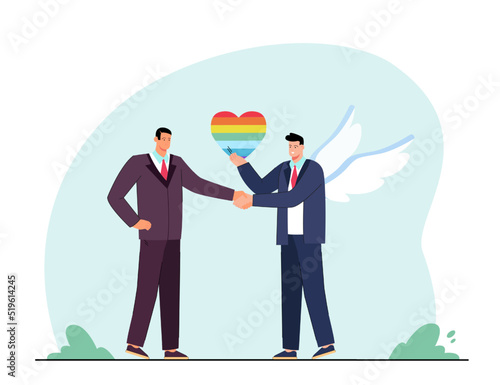 Men shaking hands and holding rainbow heart. Gay couple in official suits flat vector illustration. LGBT, love, homosexual couple, community concept for banner, website design or landing web page
