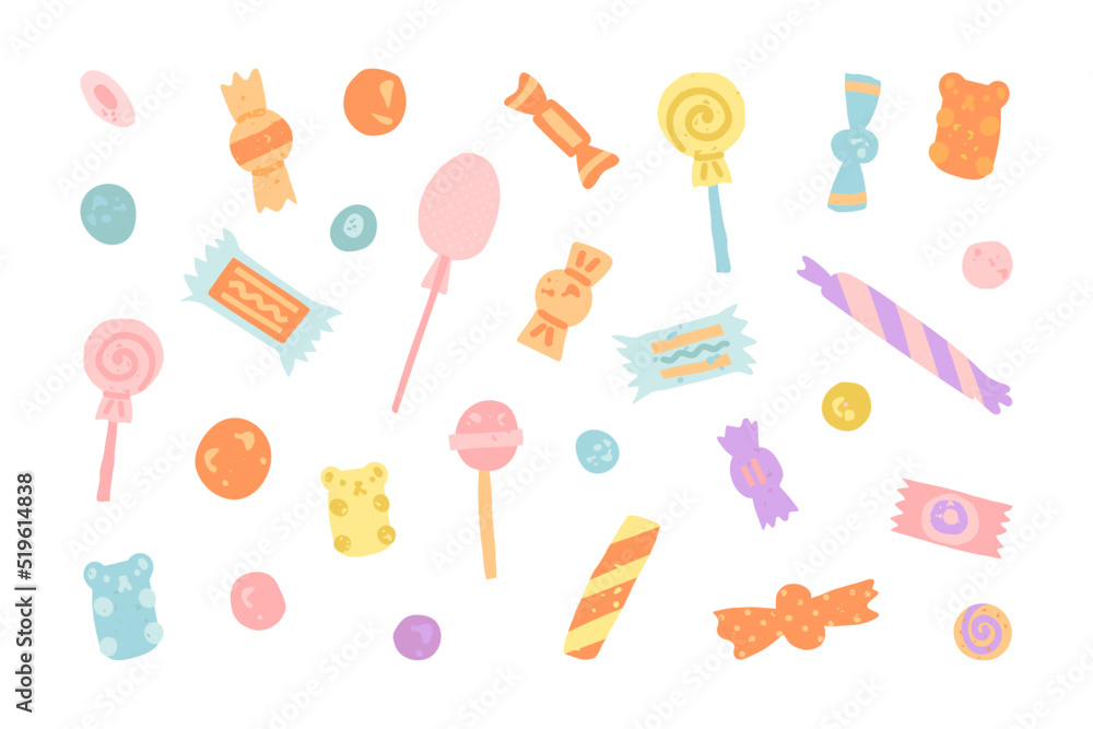 Cute sweets vector set. Retro postcard, banner, poster design. Various candies, candy canes, lollipops, and bonbon. Cute sweets vector set. Retro postcard, banner, poster design. Various candies, candy canes, lollipops, and bonbon.