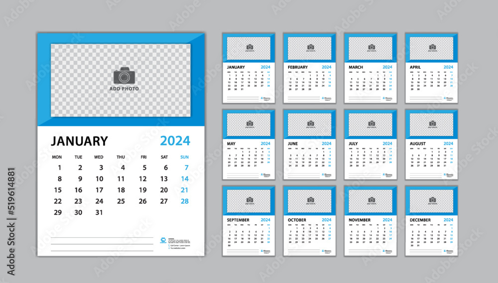 calendar 2024 template set on blue background, Desk calendar 2024 design, planner design, wall calendar template, Set of 12 Months, Week Starts on Monday, Poster, Yearly organizer, Stationery, vector calendar 2024 template set on blue background, Desk calendar 2024 design, planner design, wall calendar template, Set of 12 Months, Week Starts on Monday, Poster, Yearly organizer, Stationery, vector