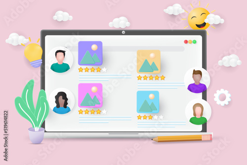 Review star with good and bad rate. Customer review concept. Laptop with review rate. 3d vector illustration.