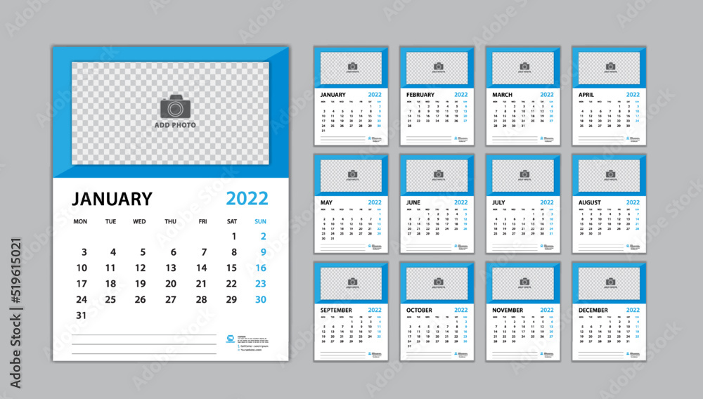 calendar 2022 template set on blue background, Desk calendar 2022 design, planner design, wall calendar template, Set of 12 Months, Week Starts on Monday, Poster, Yearly organizer, Stationery, vector calendar 2022 template set on blue background, Desk calendar 2022 design, planner design, wall calendar template, Set of 12 Months, Week Starts on Monday, Poster, Yearly organizer, Stationery, vector