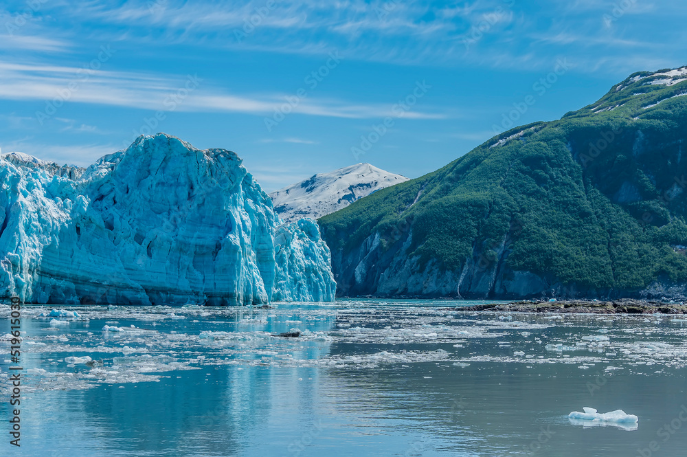 A view past the snout of the Hubbard Glacier into Russell Fjord in Alaska in summertime