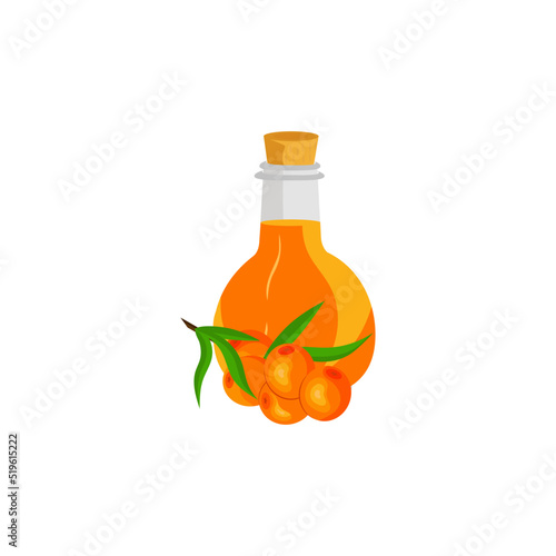 Sea buckthorn berries and oil in a bottle. Vector illustration