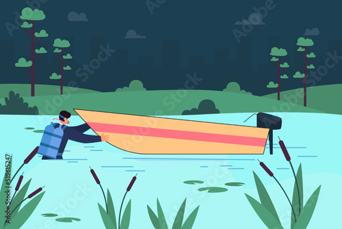 Diver with boat in water flat vector illustration. Scuba diver swimming with aqualung in pond or lake. Sport, snorkeling, diving concept for banner, website design or landing web page