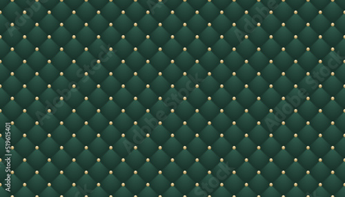 Green luxurious chesterfield capitone leather texture furniture seamless pattern. Rhombs background abstract texture of a luxury leather wall, chair, sofa, interior studio. Vector illustration