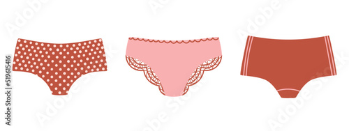Collection of various woman's underpants. Colorful pants set. Modern flat vector illustration isolated on white background