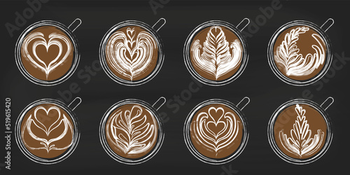 Collection of latte art. Cups of coffee set on black chalkboard. Vector illustration
