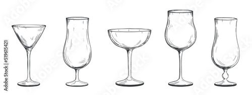 Collection of hand drawn glass goblets for alcohol. Vector illustration in sketch style
