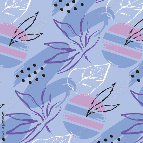 Pattern with paint stains and leaves lilac color