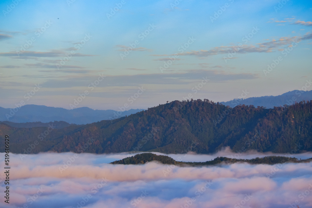 blue sky background with sea of fog,sky over hill in summer season morning sunrise
