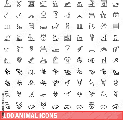 100 animal icons set. Outline illustration of 100 animal icons vector set isolated on white background