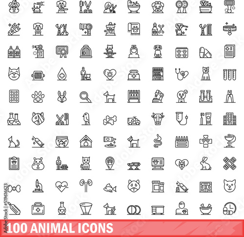 100 animal icons set. Outline illustration of 100 animal icons vector set isolated on white background