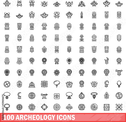 100 archeology icons set. Outline illustration of 100 archeology icons vector set isolated on white background
