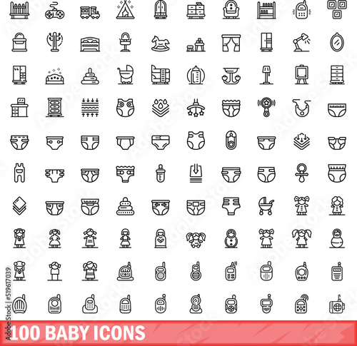 100 baby icons set. Outline illustration of 100 baby icons vector set isolated on white background